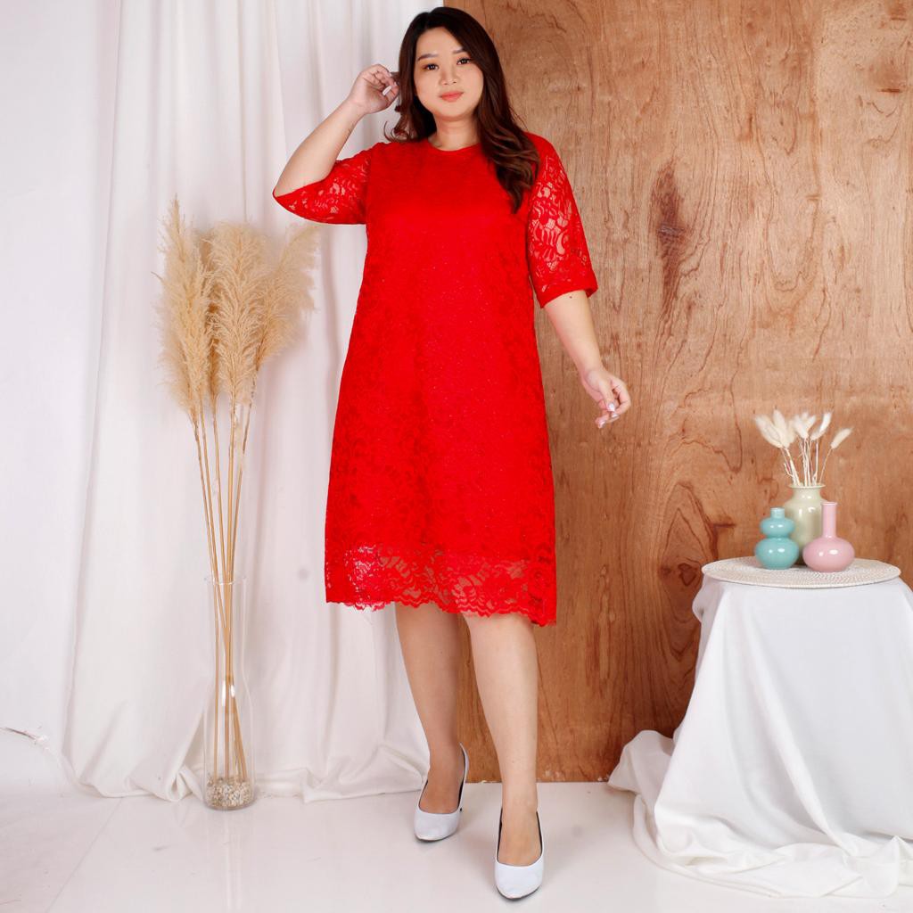 (S-XL + JUMBO XXL) Dress Big Size Brukat Jumbo Dres Brokat XXL Bigsize XXXL Dress Natal Imlek MURAH