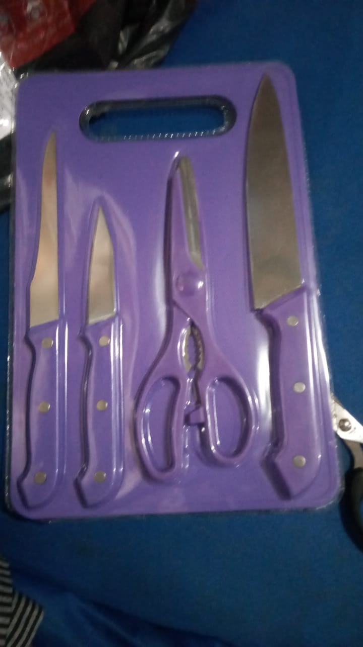 Okk Pisau Dapur Isi 5 In 1 Portabel - Pisau Daging Pisau Buah Pisau Sayur / Gunting / Talenan Isi 5 Buah