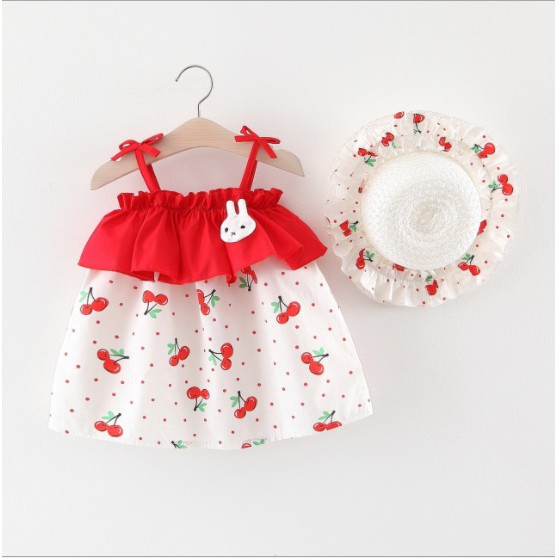 SK65 Set dress /baju dress anak /pakaian anak perempuan tanpa lengan motif strawberry kelinci dengan topi