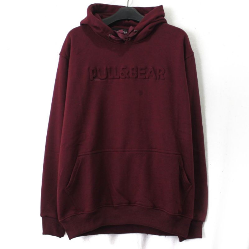 Jaket Sweater Hoodie Pria Pull and Bear Embos Maroon