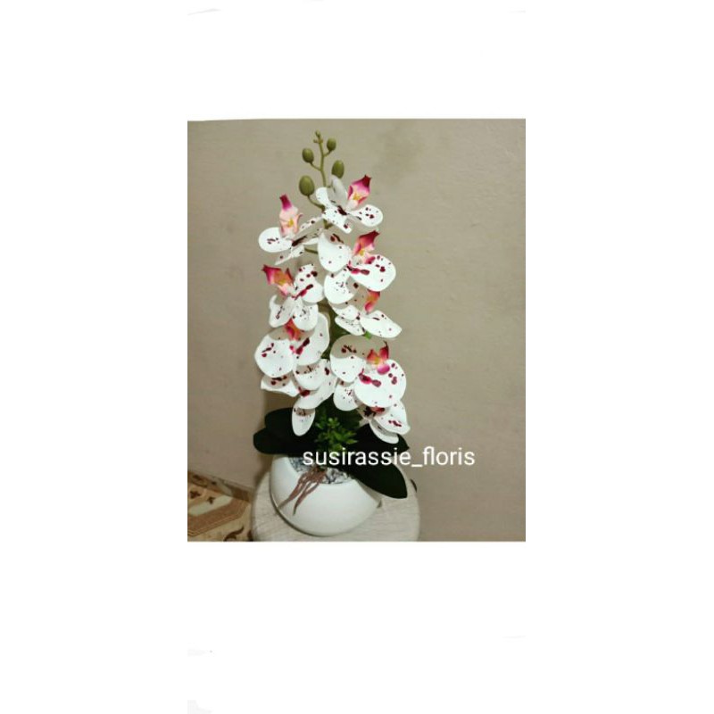 Rangkaian bunga artificial Anggrek latex putih bintik premium jumbo