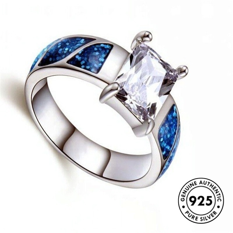 Cincin Silver S925 Bentuk Kotak Aksen Berlian
