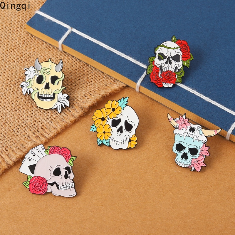 Bros Pin Enamel Bentuk Tengkorak Mawar Warna-Warni Gaya Gothic Untuk Anak