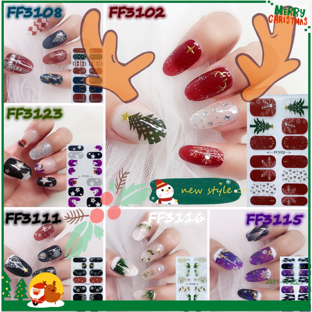 Ff Stiker Kuku Motif Snowflake / Rusa / Pohon Natal / Berlian / Mutiara 3d Untuk Nail Art / Manicure Diy