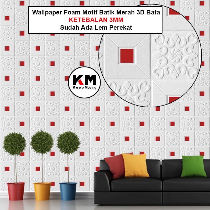 KM Wallpaper Foam Motif Batik Merah 3D Bata Premium Wall Paper Sticker Batik 01 Merah Stiker Dinding