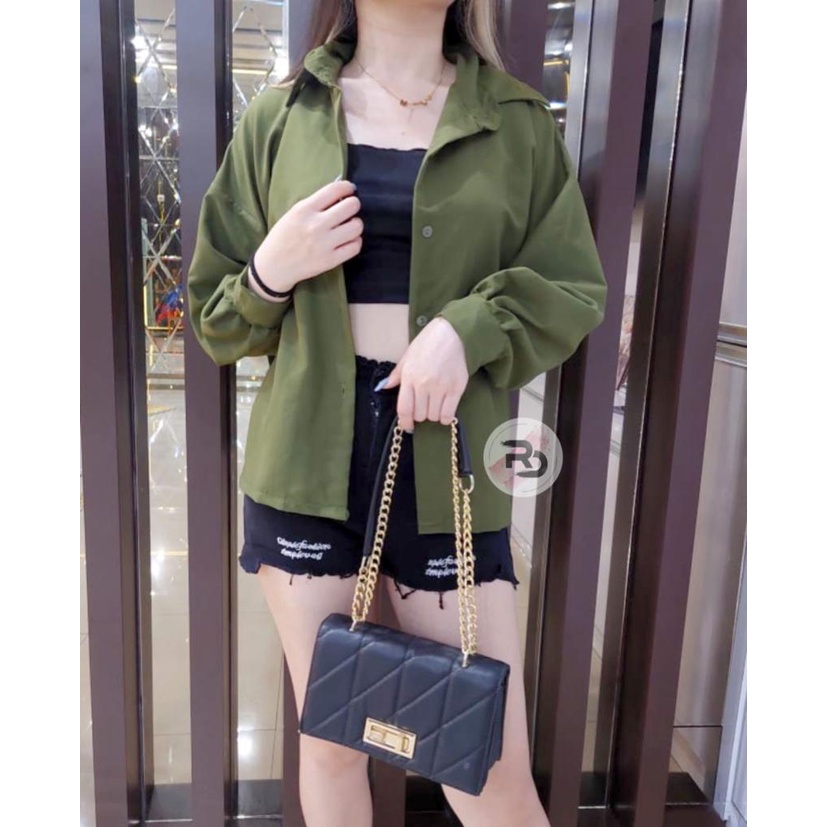 RD FASHION Kemeja Oslin Oversize | Kemeja Korea Jumbo Wanita | Bahan Creap - Fit to L-POLOS ARMY