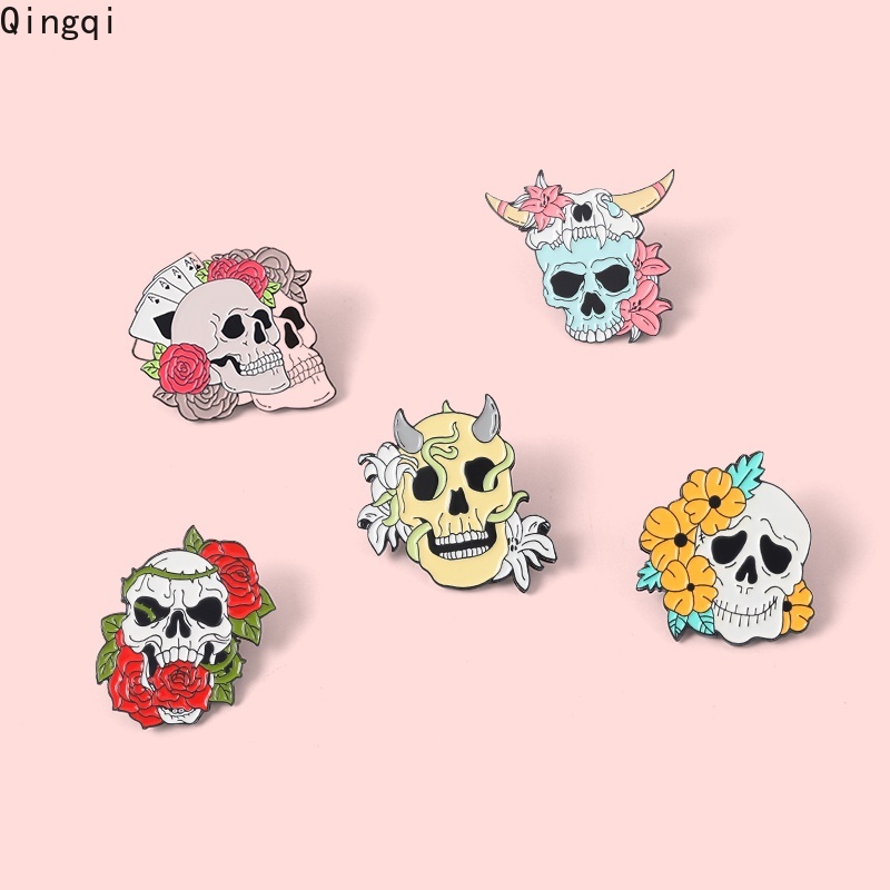 Bros Pin Enamel Bentuk Tengkorak Mawar Warna-Warni Gaya Gothic Untuk Anak