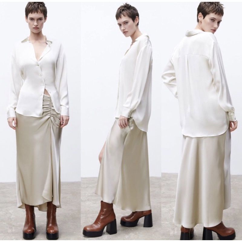 Kemeja Shirt Zara Multiway Asymmetric - White Strech Original Branded