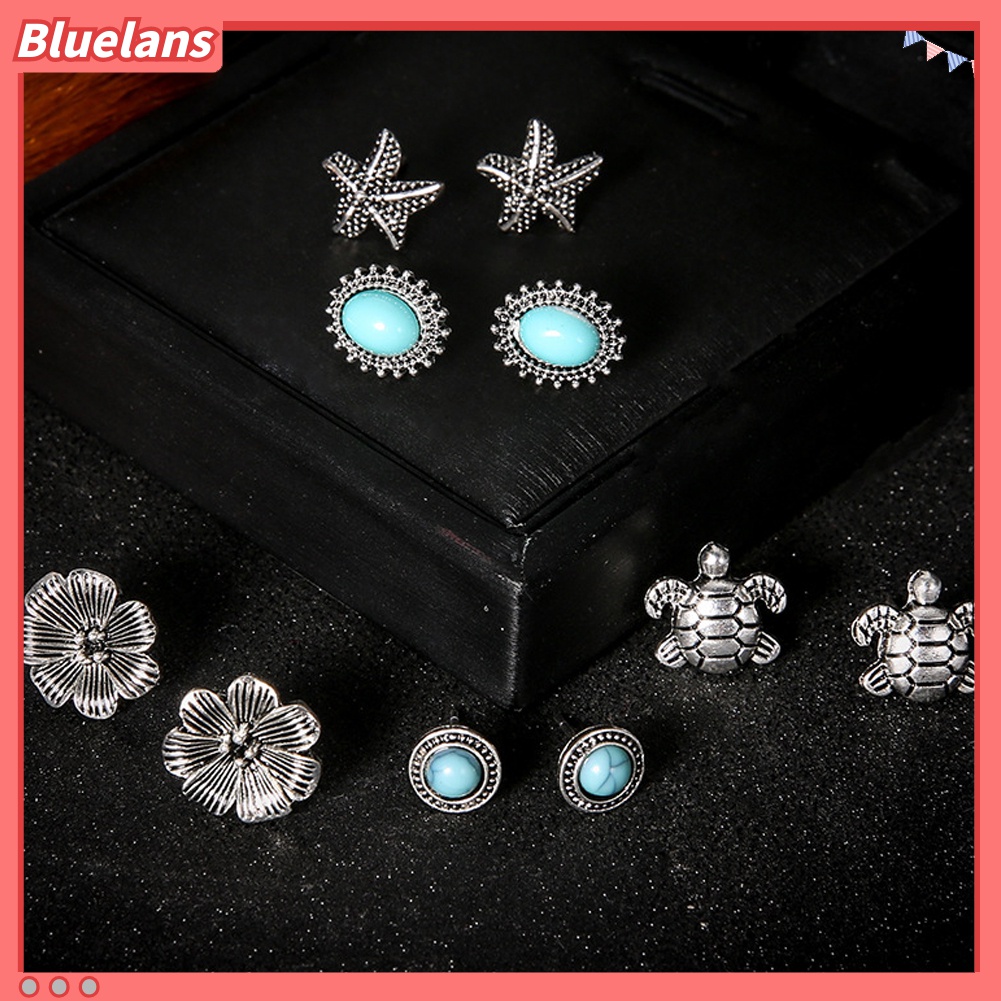 5 Pasang Anting Stud Desain Bintang Laut Kura-Kura Bunga Turquoise Buatan Gaya Boho