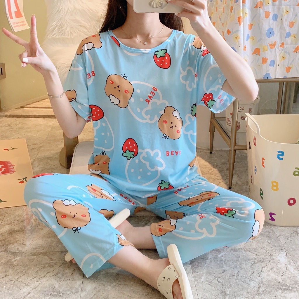 UNNY.ID Baju Setelan Piyama Import Lengan Pendek Celana Panjang Baju Rumah Baju Tidur Wanita Motif Kartun-Blue Berry Bear