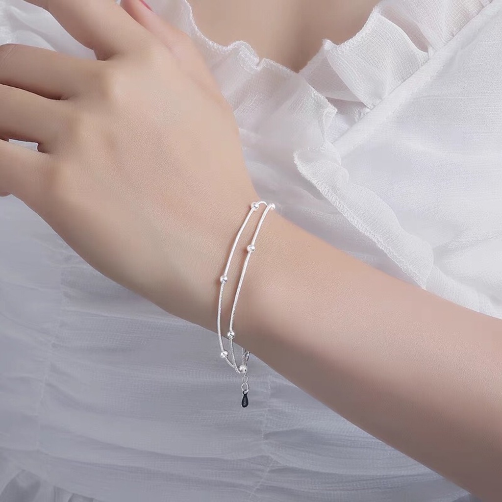 [ACKER] 925 Silver Double Layer Anklet Beads Korea Gelang Wanita Gadis Perhiasan