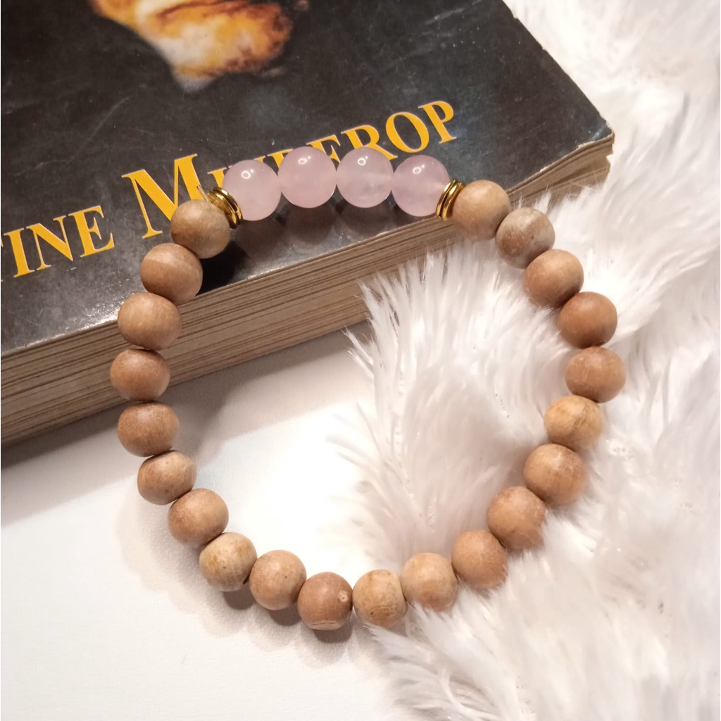 Gelang Batu Original Handmade Kayu Cendana Kombinasi Batu Alam Rose Quart