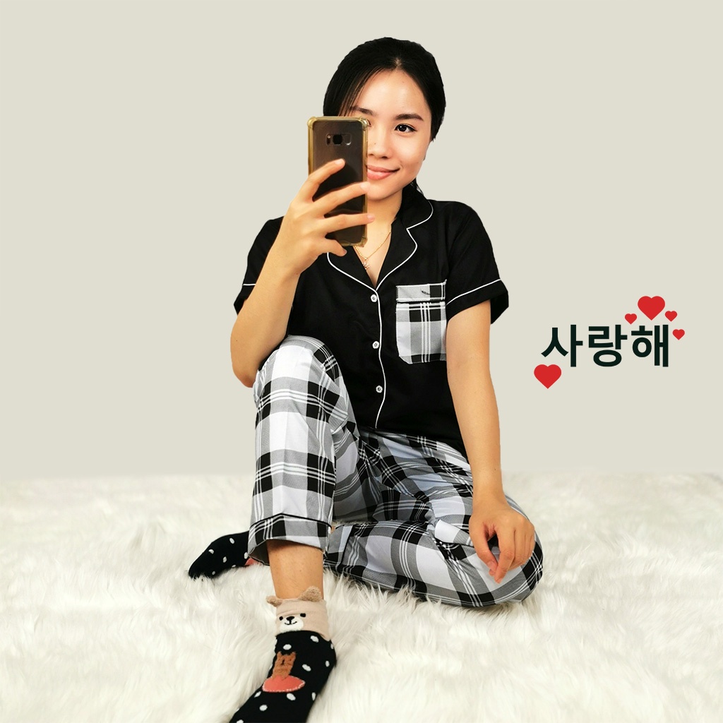 Baju Tidur Piyama Wanita Dewasa Setelan CP Motif Trendy-CPL KOTAK BLACK COMB