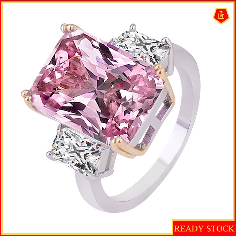 [Ready Stock]Pink Crystal Color Separation Square Diamond Ring Luxury and Elegant