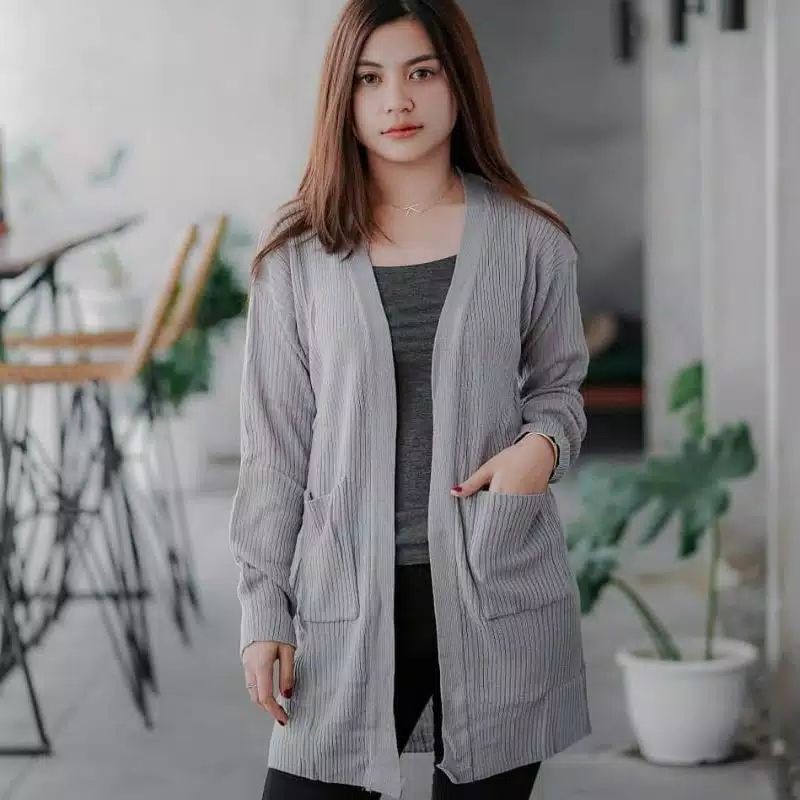Cardigan panjang rajut dua saku all size-Abu muda