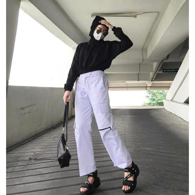 celana zipper cargo wanita jumbo L/ celana putih wanita model zipper cargo
