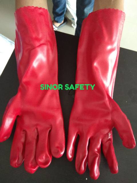 Sarung Tangan PVC 14 Inch Merah Tahan Panas Kimia Safety Gloves