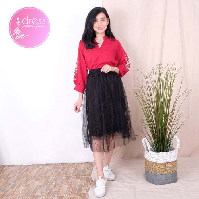 Rok Panjang Wanita Brukat Tutu Skirt Bunga Flower Casual Hitam Pink