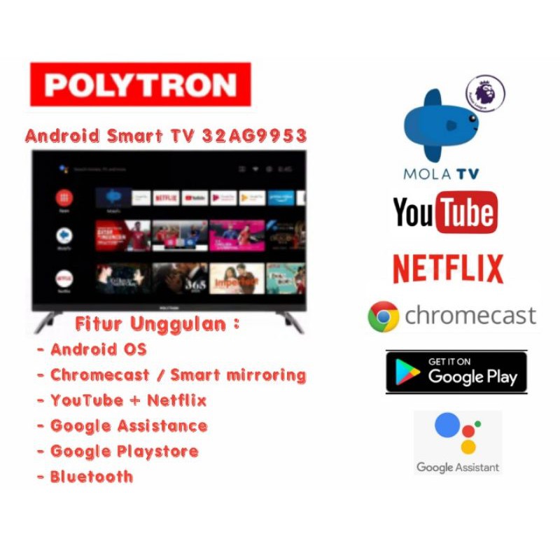 TV LED Polytron Smart Android 32 inch PLD 32AG9953 HD usb movie YouTube Netflix Mola tv free ongkir 
