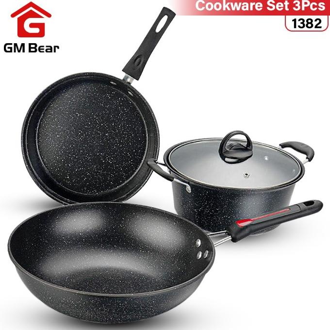 GM Bear Wajan Panci Set 3 pcs Marble Coating 1382 - Blaze Wajan Set