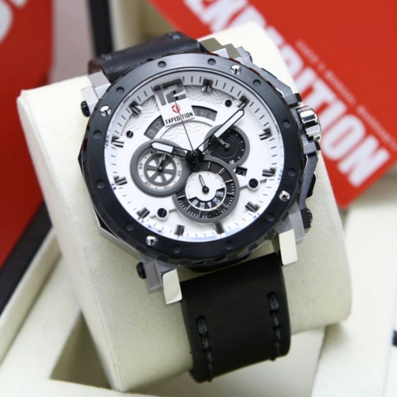 Expedition original e 6402 jam tangan pria tali kulit putih hitam putih