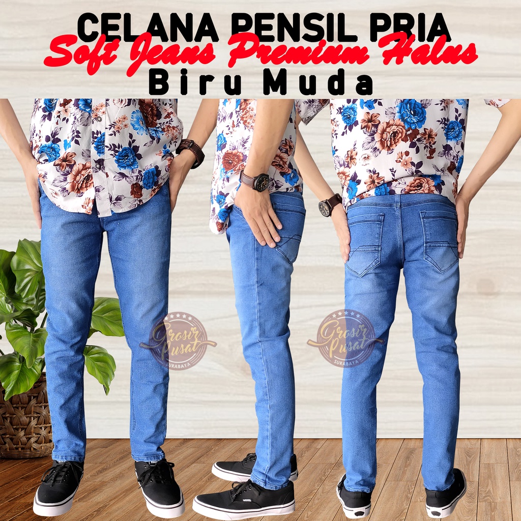 Celana Jeans Pensil Skinny Pria Braga Biru Muda Premium Halus 27 - 38