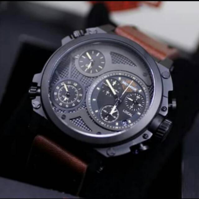 Jam Tangan Sport Pria HD Harley Davidson Triple Time Original Garansi 1thn  Black Leather Brown