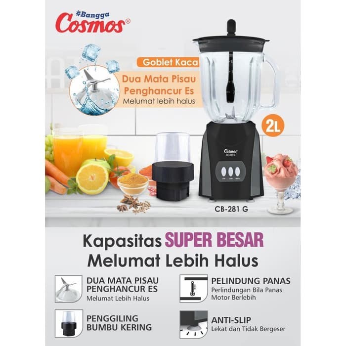 COSMOS Blender Kaca 2 Liter 2 tabung CB 281 G - Garansi Resmi 1 Tahun