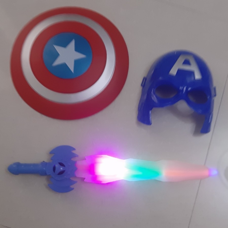 PAKET MAINAN 1SET 3 PCS MAINAN CAPTAIN AMERICA TAMENG TOPENG PEDANG KAPTEN AMERIKA AVENGERS PERISAI SWORD LIGHT SOUND