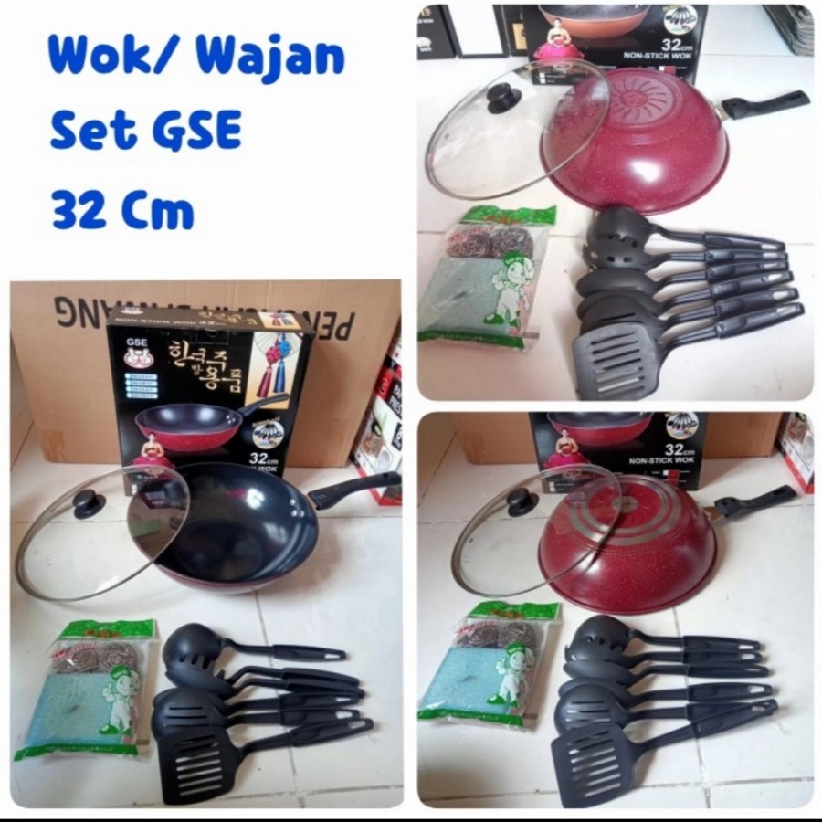 Wajan Set Teflon Tutup Kaca Free Sabut Stainless dan Spatula 6 pcs