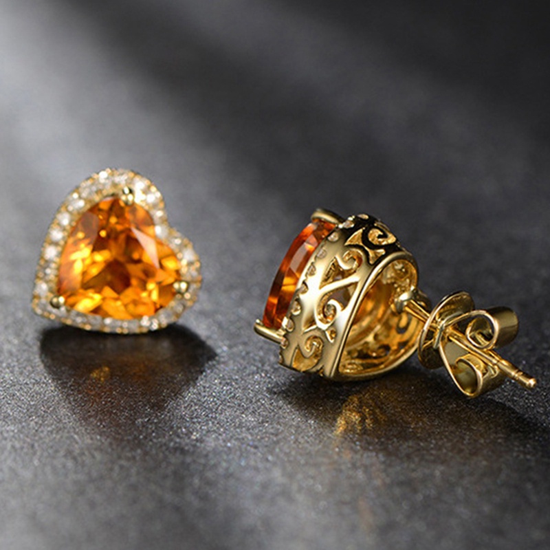 Fancyqube Anting Stud 925 Silver Bentuk Hati Aksen Batu Permata Zirkon Citrine Untuk Wanita