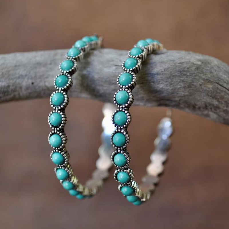 Anting Kait Gantung Bahan Metal Desain Lingkaran Hollow Hias Batu Turquoise Gaya Vintagebohemianantik Untuk Wanita