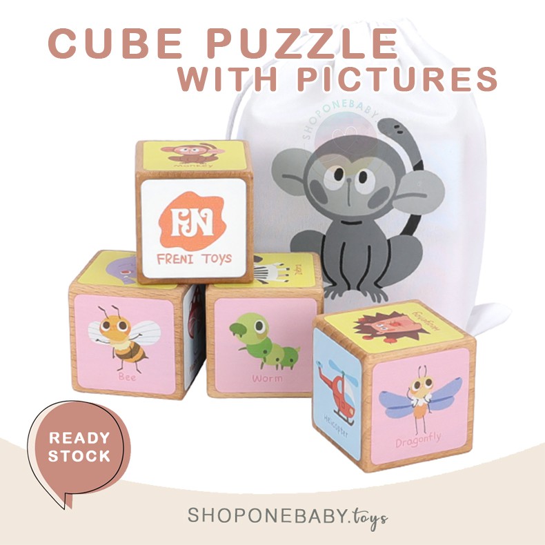 INSTAN Freni Cube Puzzle with Pictures Baby Wooden Toys Mainan Balok Anak Bayi Balita FN Baby Toddle
