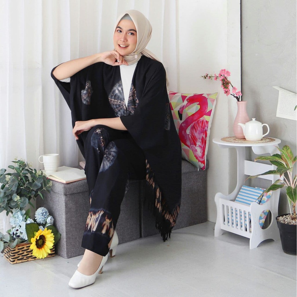 Anora Set - One Set Wanita Jumbo Rayon Premium Setelan Wanita Waka Waka Lengan 7/8 Set Celana Panjang LD 140 cm