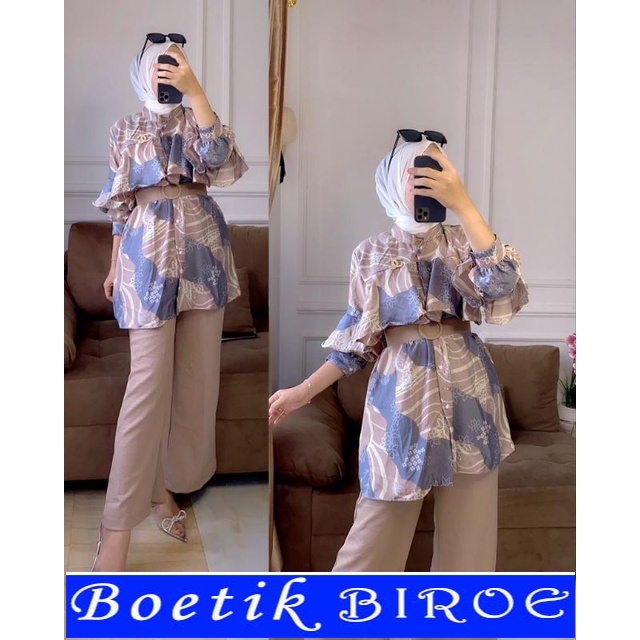 Setelan Atasan baju tunik kemeja wanita lengan panjang set celana kulot polos modern Mila Set pakaia