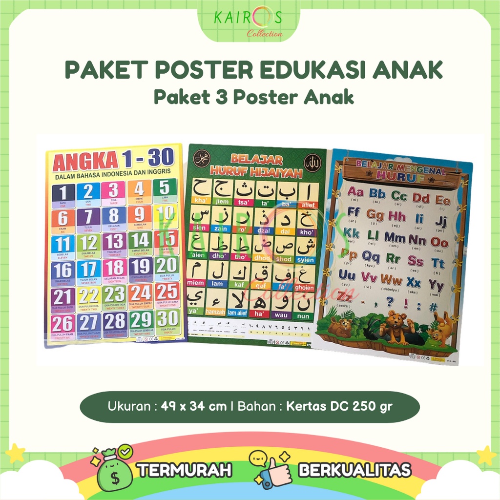 Paket 3 Poster Belajar Anak Edukasi Mengenal Huruf, Angka dan Hijaiyah