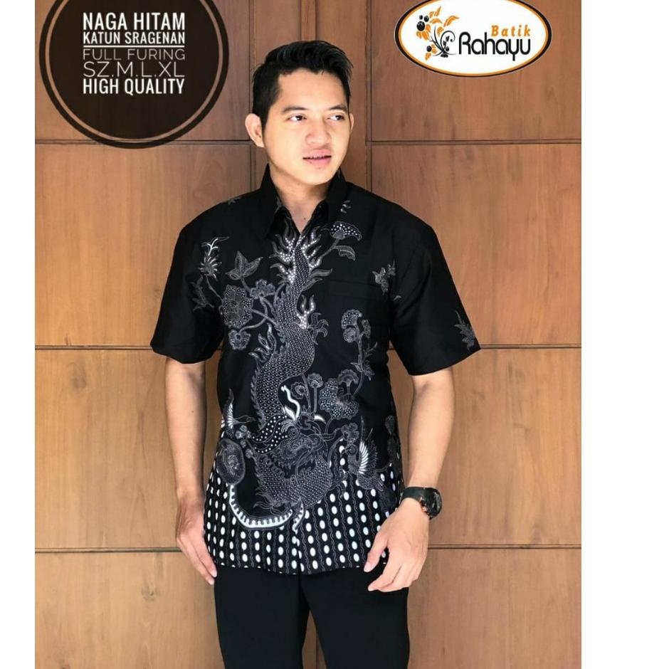 Terbaik Naga Hitam RAHAYU Kemeja batik pria motif naga abu hitam lengan pendek berfuring kemeja prem