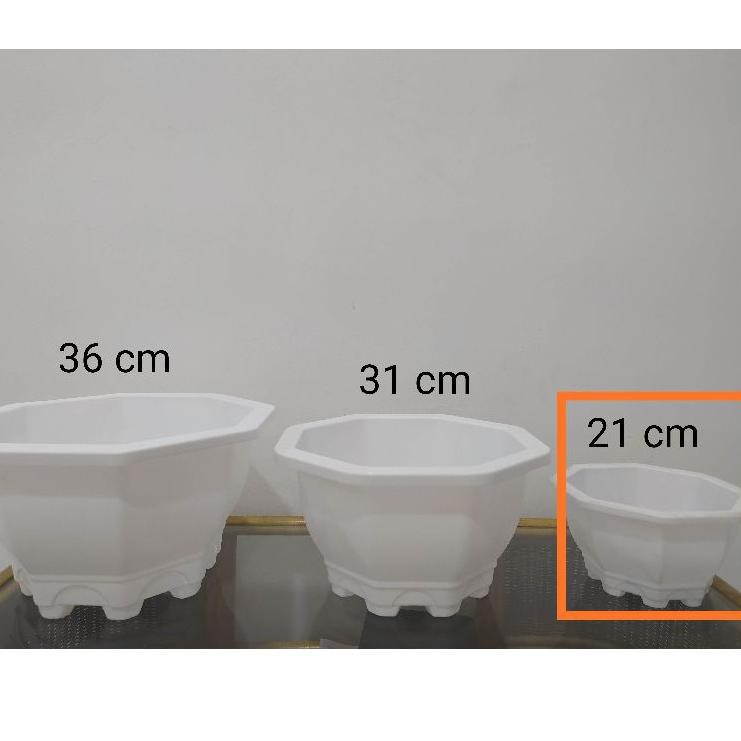New pot bunga plastik segi enam 21 cm putih murah bagus pot tanaman hias