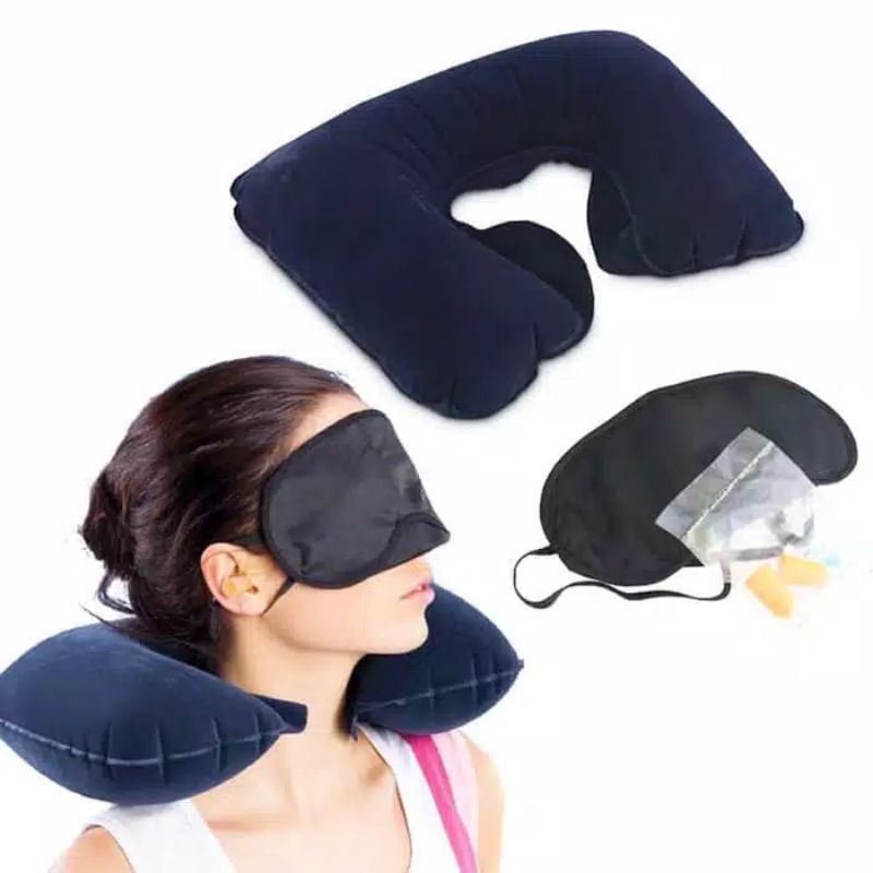 Bantal Leher Angin Penutup Mata Telinga Lengkap Travel Pillow