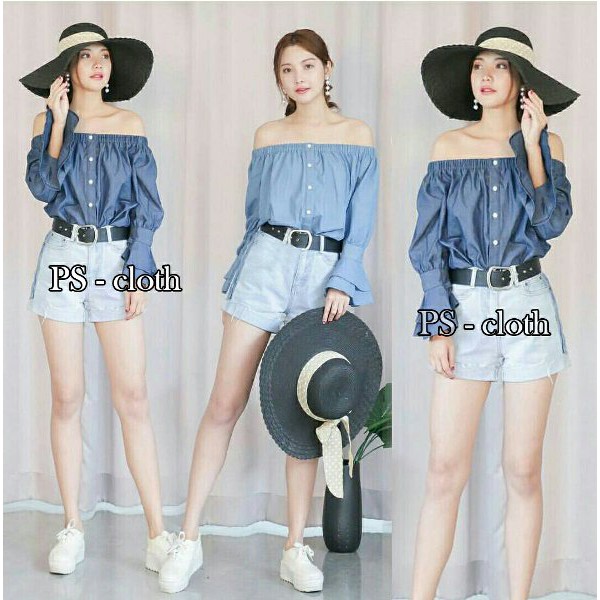 sq Blouse Sabri atasan blouse top sabrina babol sexy biru wanita murah cewek gaul katun size M kecil