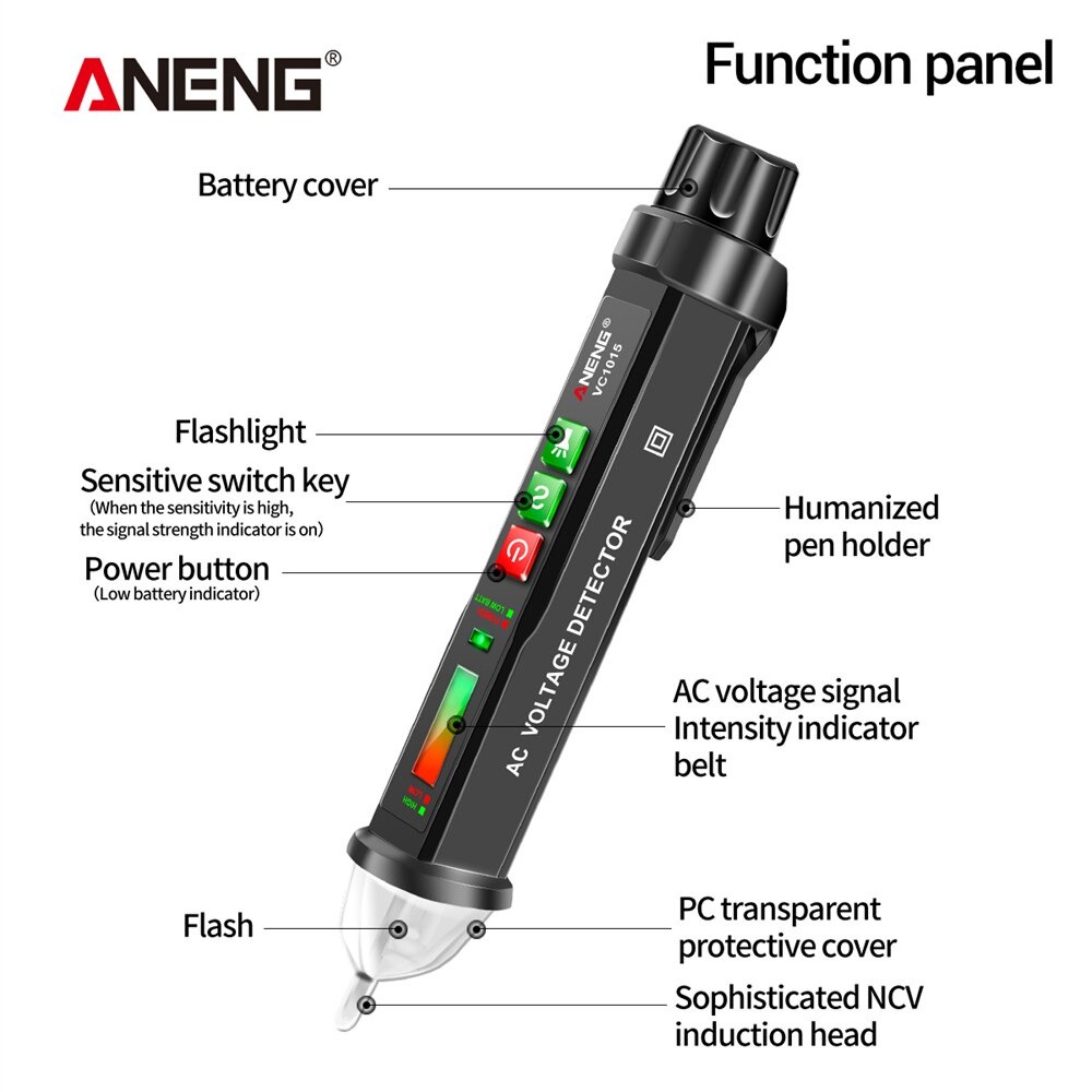 ANENG Tester Pen Non Contact AC Voltage Alert Detector 12 - 1000 V - VC1015 - Black