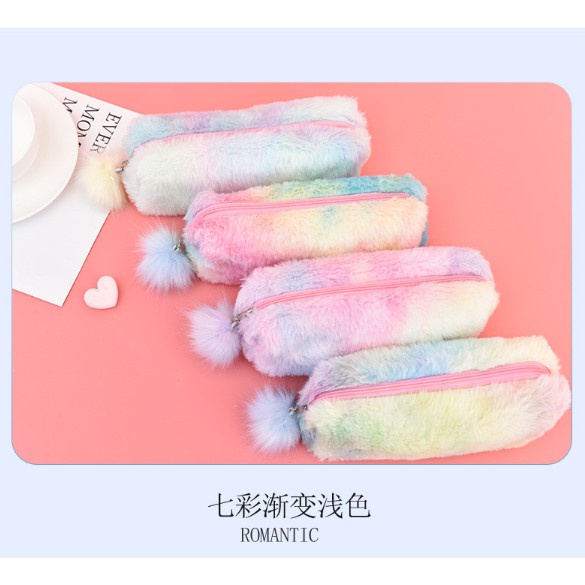 Dompet pensil kotak pensil bulu unicorn rainbow