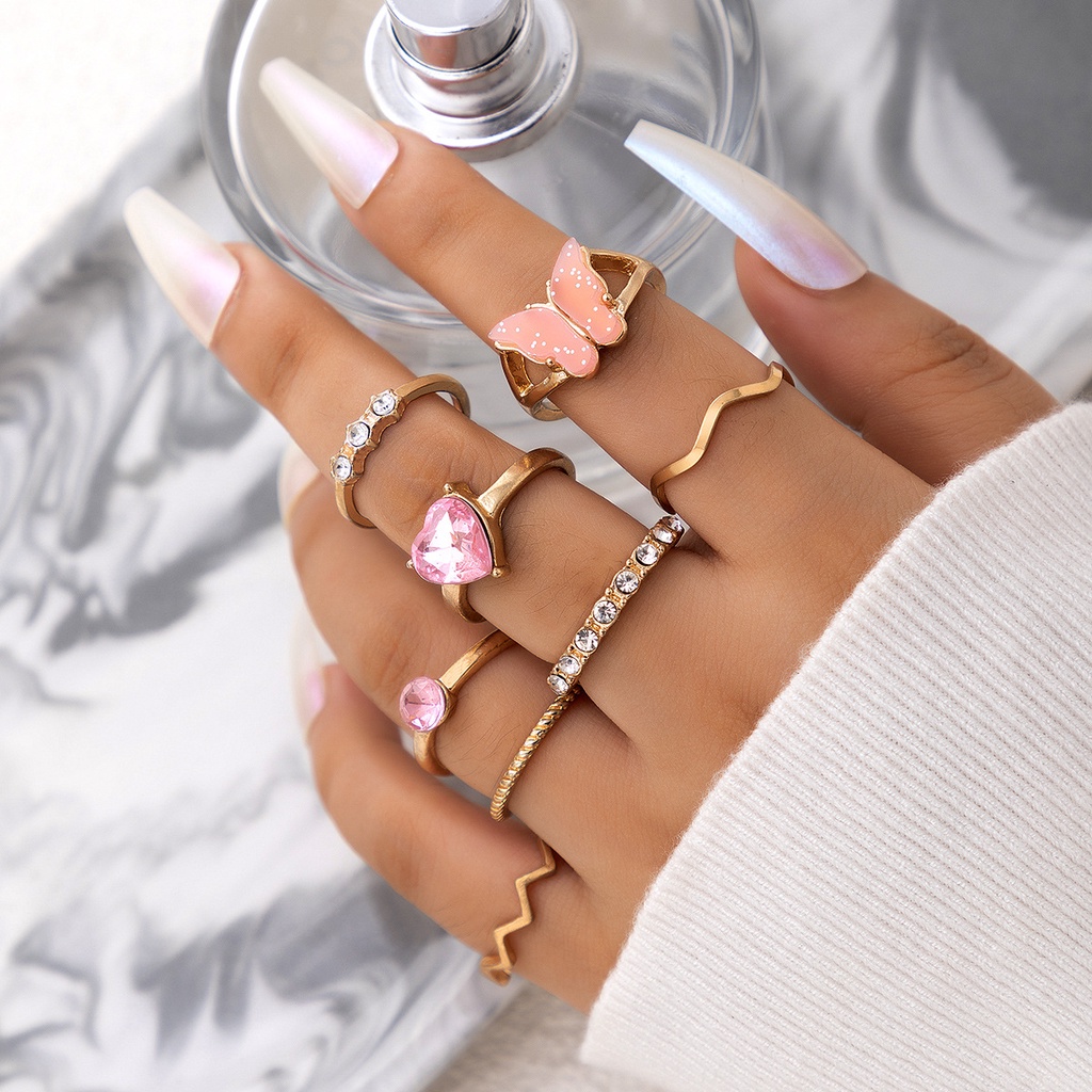 8units / Set Cincin Butterfly Geometri Bahan Metal Warna Pink Untuk Boneka Barbie