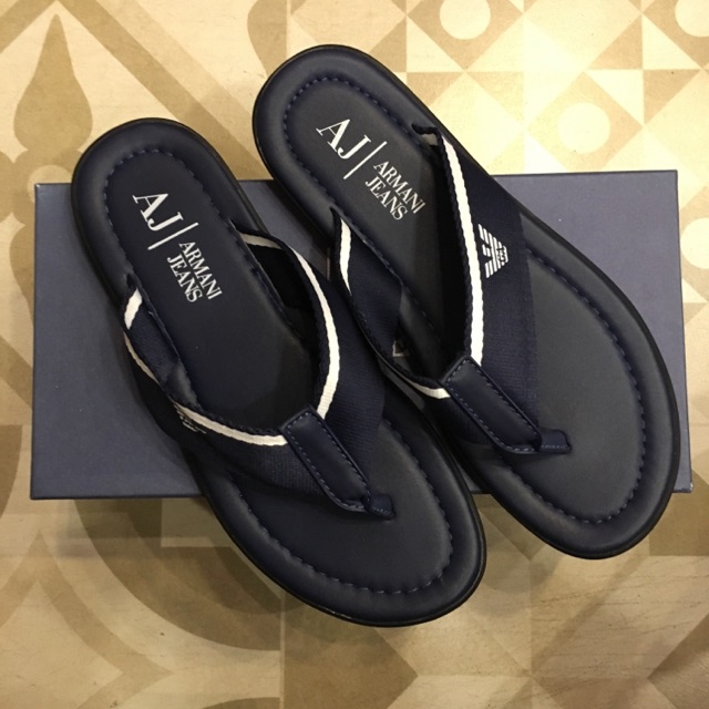 SENDAL JEPIT PRIA FASHION - SANDAL FLIP FLOP KULIT ASLI MURAH - ARMANI JEANS - NAVY