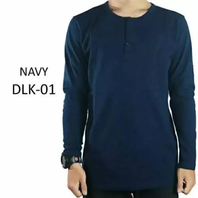 Kaos Polos Pria Henley Kancing Lengan Panjang NAVY BLUE
