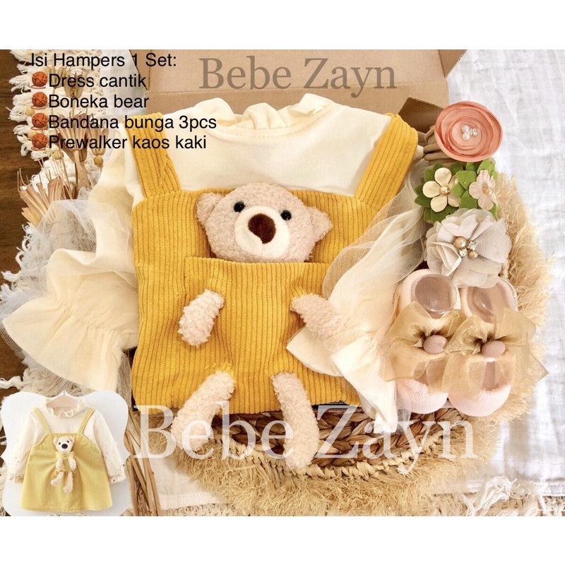 {BEBE ZAYN} Hampers baby/ hampers bayi/ baby gift/ kado bayi/ baby newborn/ Baby Girl/ Flowery Dress Set-Velvet Bear OMustard