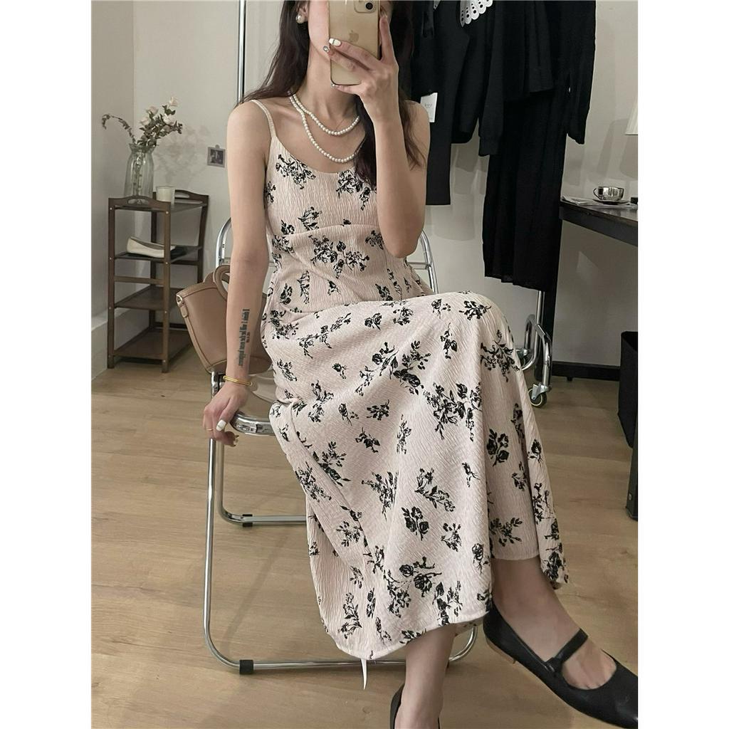 XIAOZHAINV Korean Style Floral Skirt Temperamen Retro Rok Suspender Panjang Wanita + Kardigan Rajutan Lengan Panjang