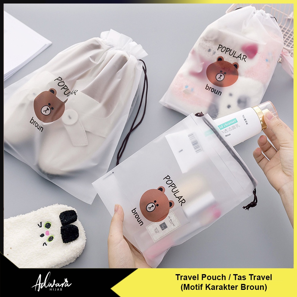 Travel Pouch Karakter Brown Bag Organizer Tas Serut Kosmetik Kantong Serbaguna Anti Air