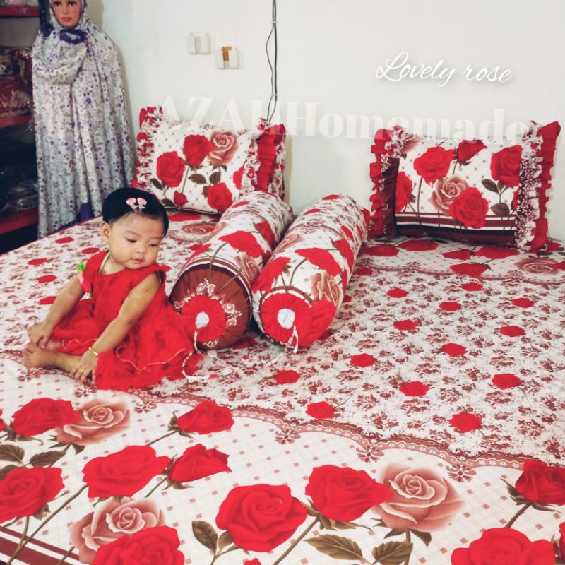 Sprei Katun Motif Bunga Merah Model Sarung  Bantal Rumbai tumpuk 2 Rempel Exellent Sprei Tempahan