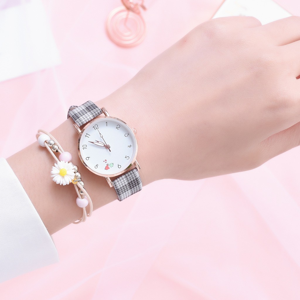 Jam Tangan Wanita Quartz Analog Motif Lucu Korean Fashion Dengan Tali Kotak-Kotak Import